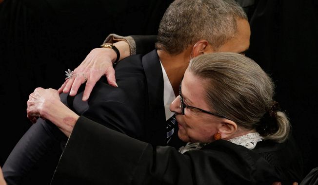 President Barack Obama embracing Justice Ruth Bader Ginsburg prior to his State of The Union speech in January of 2016. (Associated Press) ** FILE **