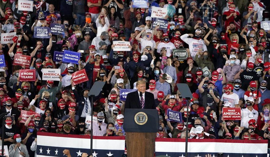 President Donald Trump speaks at a campaign rally, Tuesday, Sept. 22, 2020, in Moon Township, Pa. (AP Photo/Keith Srakocic)