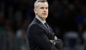 FILE - In this March 8, 2020, file photo, Oklahoma City Thunder coach Billy Donovan watches during the second half of the team&#39;s NBA basketball game against the Boston Celtics in Boston. The Chicago Bulls hired Donovan as coach Tuesday, Sept. 22. The 55-year-old Donovan spent the last five seasons with the Thunder. He replaces Jim Boylen, who was fired after the Bulls finished 22-43 and were one of the eight teams that didn’t qualify for the NBA’s restart at Walt Disney World. (AP Photo/Michael Dwyer, File)