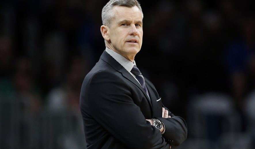 FILE - In this March 8, 2020, file photo, Oklahoma City Thunder coach Billy Donovan watches during the second half of the team&#x27;s NBA basketball game against the Boston Celtics in Boston. The Chicago Bulls hired Donovan as coach Tuesday, Sept. 22. The 55-year-old Donovan spent the last five seasons with the Thunder. He replaces Jim Boylen, who was fired after the Bulls finished 22-43 and were one of the eight teams that didn’t qualify for the NBA’s restart at Walt Disney World. (AP Photo/Michael Dwyer, File)