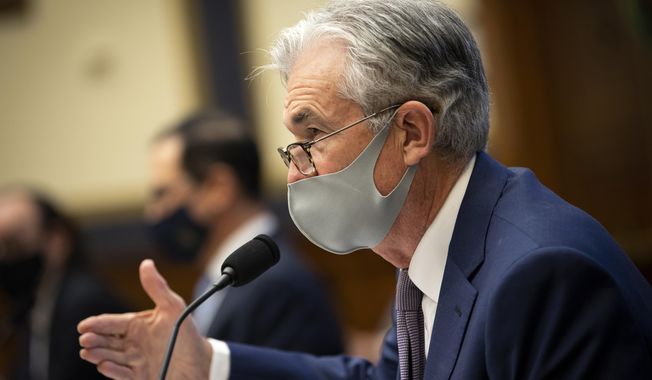 Federal Reserve Chair Jerome Powell testifies during a House Financial Services Committee hearing about the government’s emergency aid to the economy in response to the coronavirus on Capitol Hill in Washington on Tuesday, Sept. 22, 2020. (Caroline Brehman/Pool via AP)