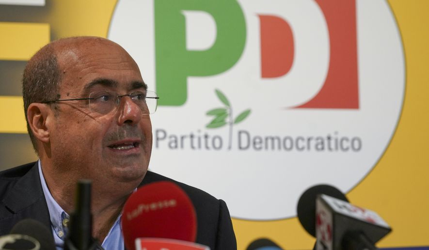 Democratic Party leader Nicola Zingaretti talks to the media during a press conference, in Rome, Monday, Sept. 21, 2020. On Sunday and Monday Italians voted nationwide in a referendum to confirm a historical change to the country&#39;s constitution to drastically reduce the number of Members of Parliament from 945 to 600. Eighteen million of Italian citizens will also vote on Sunday and Monday to renew local governors in seven regions, along with mayors in approximately 1,000 cities. (AP Photo/Andrew Medichini)