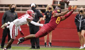 Iowa State wide receiver Xavier Hutchinson (8) makes a diving attempt to catch the ball ahead of Louisiana-Lafayette cornerback Asjlin Washington, left, during the second half of an NCAA college football game, Saturday, Sept. 12, 2020, in Ames, Iowa. The pass fell incomplete. Louisiana-Lafayette won 31-14. (AP Photo/Charlie Neibergall)