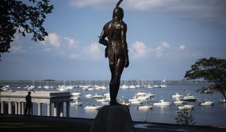A statue of the Native Sachem (leader) Massasoit looks out over the traditional point of arrival of the Pilgrims on the Mayflower in 1620, in Plymouth, Mass., Wednesday, Aug. 12, 2020. In the years preceding the Pilgrims&#39; arrival, the Native inhabitants of southern New England had been ravaged by what some scientists refer to as a &amp;quot;virgin soil&amp;quot; epidemic. The unidentified disease, perhaps introduced by European fishermen who plied the waters from Maine to Narragansett Bay, burned through village after village, killing up to 90 percent of some tribes. (AP Photo/David Goldman)