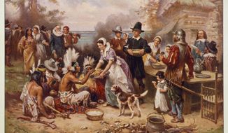 This image made available by the Library of Congress shows a reproduction of a painting by Jean Leon Gerome Ferris titled &amp;quot;First Thanksgiving&amp;quot; made between 1900-1920. (J.L.G. Ferris/Library of Congress via AP) ** FILE **
