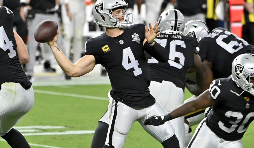 Las Vegas Raiders quarterback Derek Carr (4) throws against the New Orleans Saints during the second half of an NFL football game, Monday, Sept. 21, 2020, in Las Vegas. (AP Photo/David Becker)