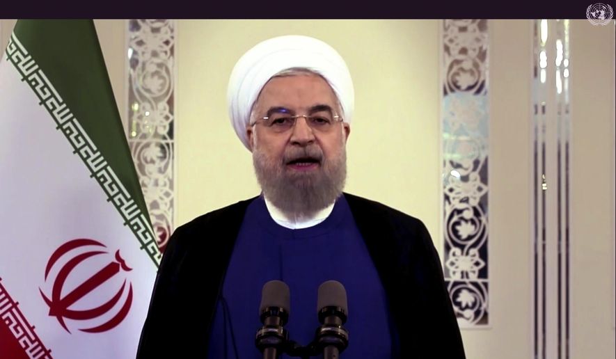 In this image made from UNTV video, Iranian President Hassan Rouhani speaks in a prerecorded message that was played during the 75th session of the United Nations General Assembly, Tuesday, Sept. 22, 2020, at UN headquarters in New York. (UNTV via AP)