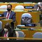 In this image made from UNTV, representatives of different countries listen to speakers during the 75th session of the United Nations General Assembly, Tuesday, Sept. 22, 2020, at U.N. headquarters in New York. This year&#39;s annual gathering of world leaders at U.N. headquarters is almost entirely &amp;quot;virtual.&amp;quot; Leaders have been asked to pre-record their speeches, which are being shown in the General Assembly chamber, where each of the 193 U.N. member nations are allowed to have one diplomat present. (UNTV via AP )