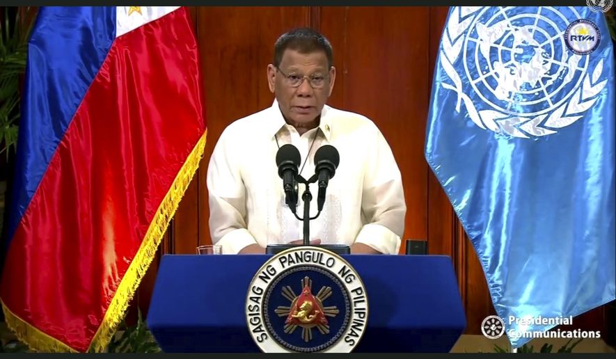 In this image made from UNTV video, Rodrigo Roa Duterte, president of the Philippines, speaks in a pre-recorded message which was played during the 75th session of the United Nations General Assembly, Tuesday, Sept. 22, 2020, at UN headquarters. The U.N.&#39;s first virtual meeting of world leaders started Tuesday with pre-recorded speeches from some of the planet&#39;s biggest powers, kept at home by the coronavirus pandemic that will likely be a dominant theme at their video gathering this year. (UNTV via AP)