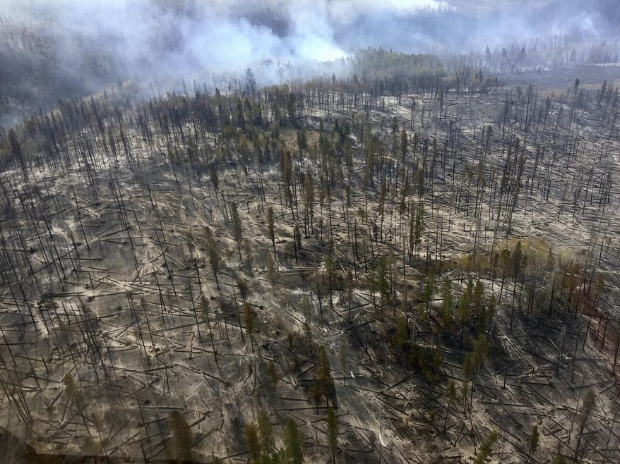 In this aerial photo provided by the U.S. Forest Service, smoke from a wildfire is in part of Medicine Bow National Forest on Monday, Sept. 21, 2020. The fire burning since last Thursday, prompting an evacuation order for a 300-square-mile portion of the forest in southeastern Wyoming. (Jerod Delay/U.S. Forest Service via AP)