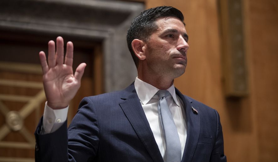 Acting Secretary of Homeland Security Chad Wolf is sworn in before the Senate Homeland Security and Governmental Affairs Committee during his confirmation hearing, Wednesday, Sept. 23, 2020, on Capitol Hill in Washington. (Shawn Thew/Pool via AP)