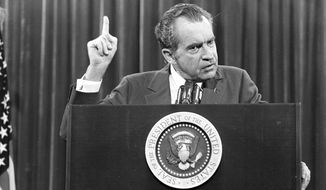 FILE - In this Nov. 17, 1973 file photo, President Richard Nixon speaks near Orlando, Fla. to the Associated Press Managing Editors annual meeting. Nixon told the APME &amp;quot;I am not a crook.&amp;quot; There were two men in 1980s Manhattan who craved validation — one a past president, one a future president. That’s how a thirty-something Donald Trump and a seventy-ish Richard Nixon struck up a decade-long correspondence in the 1980s that meandered from football and real estate to Vietnam and media strategy. Their letters are being revealed for the first time in an exhibit that opens Thursday at the Richard Nixon Presidential Library &amp;amp; Museum. (AP Photo)