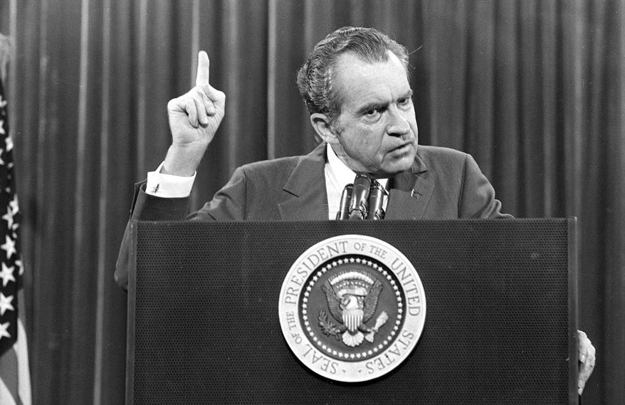 FILE - In this Nov. 17, 1973 file photo, President Richard Nixon speaks near Orlando, Fla. to the Associated Press Managing Editors annual meeting. Nixon told the APME &amp;quot;I am not a crook.&amp;quot; There were two men in 1980s Manhattan who craved validation — one a past president, one a future president. That’s how a thirty-something Donald Trump and a seventy-ish Richard Nixon struck up a decade-long correspondence in the 1980s that meandered from football and real estate to Vietnam and media strategy. Their letters are being revealed for the first time in an exhibit that opens Thursday at the Richard Nixon Presidential Library &amp;amp; Museum. (AP Photo)