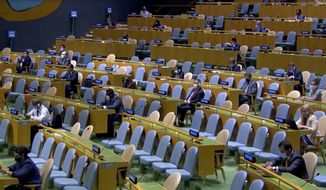 In this image made from UNTV video, delegates attend the 75th session of the United Nations General Assembly, Wednesday, Sept. 23, 2020, at UN headquarters in New York. The U.N.&#39;s first virtual meeting of world leaders started Tuesday with pre-recorded speeches from some of the planet&#39;s biggest powers, kept at home by the coronavirus pandemic that will likely be a dominant theme at their video gathering this year. (UNTV via AP)