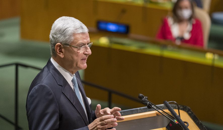 In this photo provided by the United Nations, Volkan Bozkir, president of the seventy-fifth session of the United Nations General Assembly, speaks, Tuesday, Sept. 22, 2020, at U.N. Headquarters in New York. The U.N.'s first virtual meeting of world leaders started Tuesday with pre-recorded speeches from some of the planet's biggest powers, kept at home by the coronavirus pandemic that will likely be a dominant theme at their video gathering this year. (Eskinder Debebe/UN via AP)