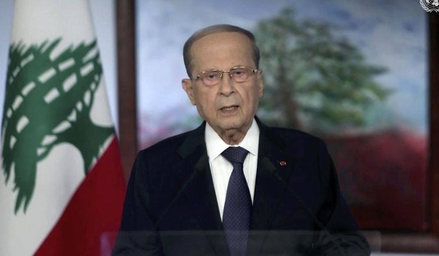 In this image made from UNTV video, Michel Aoun, President of Lebanon, speaks in a pre-recorded message which was played during the 75th session of the United Nations General Assembly, Wednesday, Sept. 23, 2020, at UN headquarters.   (UNTV via AP)