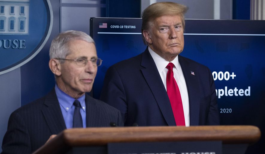 In this April 17, 2020, file photo Dr. Anthony Fauci, director of the National Institute of Allergy and Infectious Diseases, speaks about the coronavirus, as President Donald Trump listens, in the James Brady Press Briefing Room of the White House in Washington. (AP Photo/Alex Brandon, File)