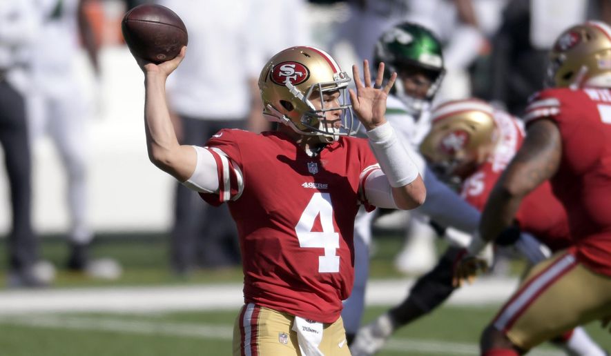 San Francisco 49ers quarterback Nick Mullens (4) throws a pass during the second half of an NFL football game against the New York Jets, Sunday, Sept. 20, 2020, in East Rutherford, N.J. With Jimmy Garoppolo likely sidelined by a sprained ankle, Mullens appears set to get his first start at quarterback for the Niners in nearly 21 months, against the New York Giants. (AP Photo/Bill Kostroun)