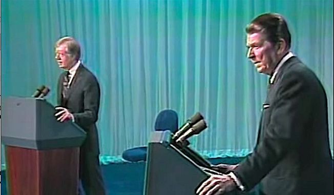 Presdident Jimmy Carter and candidate Ronald Reagan during a televised debate in 1980   Associated Press photo