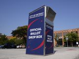 A ballot drop box is shown where voters can drop off absentee ballots instead of using the mail in Detroit Thursday, Sept. 24, 2020. (AP Photo/Paul Sancya)