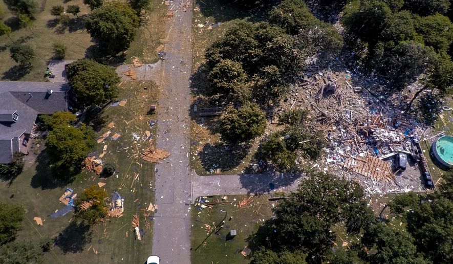 This drone aerial photo shows a home that exploded in the 8000 block of NE 139th St. in Oklahoma City killing one and injuring three others, Thursday, Sept. 24, 2020. (Chris Landsberger/The Oklahoman via AP)