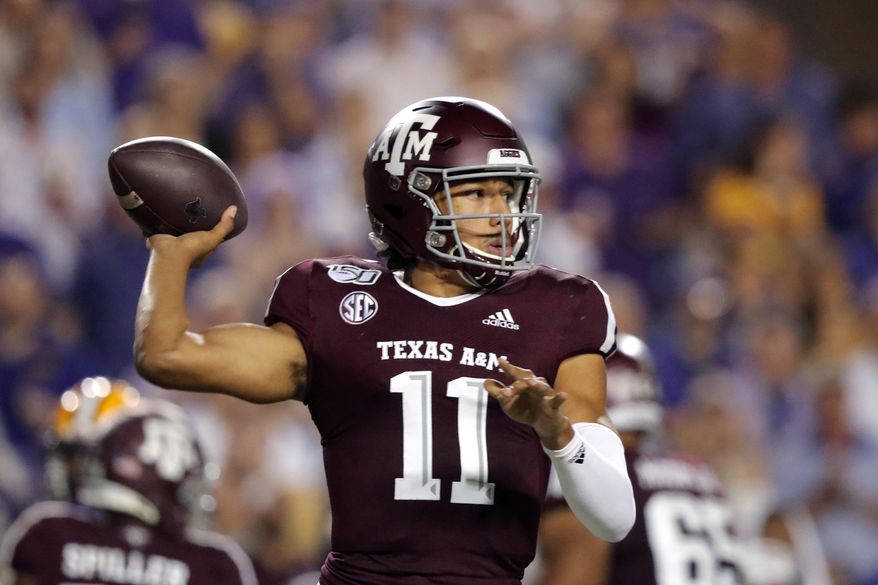 FILE - In this Nov. 30, 2019, file photo, Texas A&M quarterback Kellen Mond (11) throws a pass during the first half of the team's NCAA college football game against LSU in Baton Rouge, La. Mond will lead No. 10 Texas A&M in the opener against Vanderbilt on Saturday, Sept. 26, 2020. (AP Photo/Gerald Herbert, File)