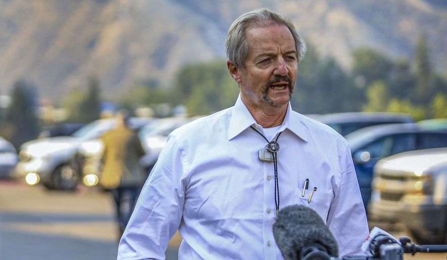 In this Aug. 14, 2020, file photo, William Perry Pendley, acting director of the Bureau of Land Management, speaks to the media on the Grizzly Creek Fire in Eagle, Colo. A federal judge has ruled that the Trump administration's leading steward of public lands has been serving unlawfully and blocked him from continuing in the position. U.S. District Judge Brian Morris said Friday, Sept. 25, 2020, that U.S. Bureau of Land Management acting director William Perry Pendley was never confirmed to the post by the U.S. Senate and served unlawfully for 424 days. Montana's Democratic governor had sued to remove Pendley, saying the the former oil industry attorney was illegally overseeing a government agency that manages almost a quarter-billion acres of land, primarily in the U.S. West. (Chris Dillmann/Vail Daily via AP, File)