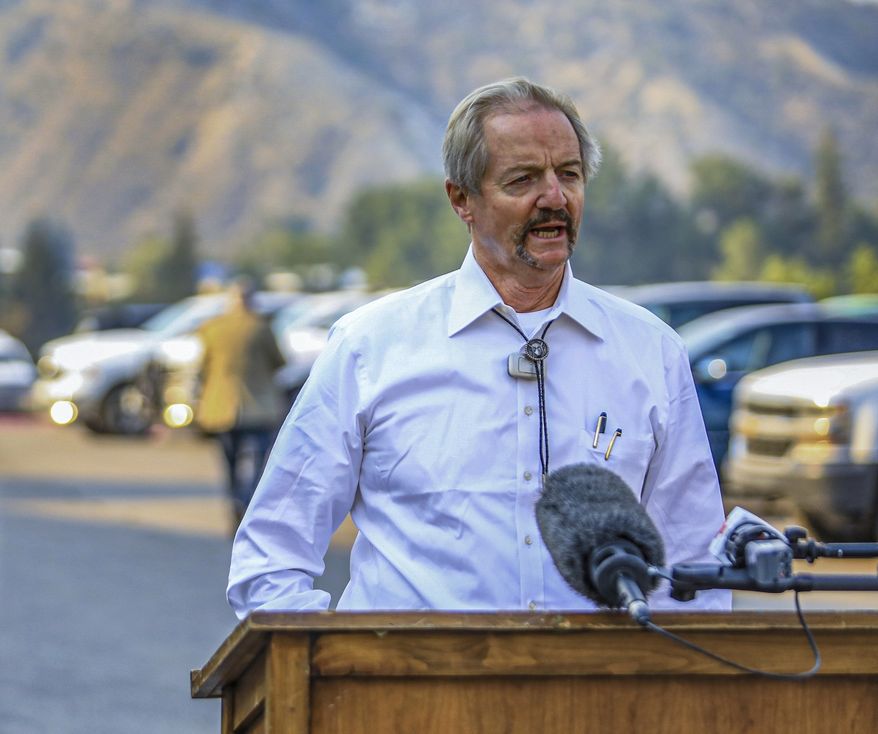 In this Aug. 14, 2020, file photo, William Perry Pendley, acting director of the Bureau of Land Management, speaks to the media on the Grizzly Creek Fire in Eagle, Colo. A federal judge has ruled that the Trump administration's leading steward of public lands has been serving unlawfully and blocked him from continuing in the position. U.S. District Judge Brian Morris said Friday, Sept. 25, 2020, that U.S. Bureau of Land Management acting director William Perry Pendley was never confirmed to the post by the U.S. Senate and served unlawfully for 424 days. Montana's Democratic governor had sued to remove Pendley, saying the the former oil industry attorney was illegally overseeing a government agency that manages almost a quarter-billion acres of land, primarily in the U.S. West. (Chris Dillmann/Vail Daily via AP, File)