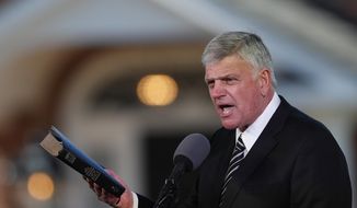 In this March 2, 2018, photo, the Rev. Franklin Graham speaks during a funeral service at the Billy Graham Library for the Rev. Billy Graham, who died at age 99 in Charlotte, N.C. (AP Photo/John Bazemore) ** FILE **