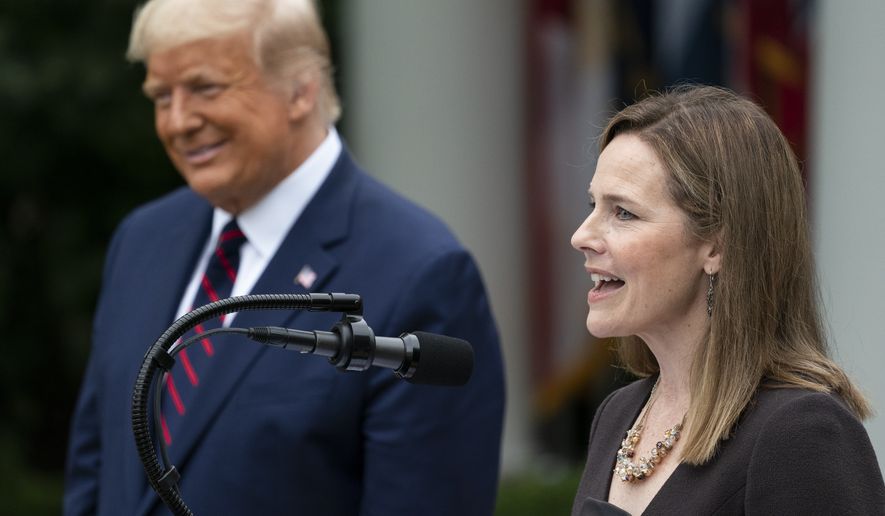 Judge Amy Coney Barrett speaks after President Donald Trump announced Barrett as his nominee to the Supreme Court, in the Rose Garden at the White House, Saturday, Sept. 26, 2020, in Washington. (AP Photo/Alex Brandon)