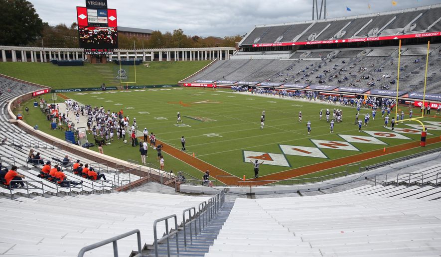 Virginia takes on Duke during an NCAA college football game Saturday, Sept. 26, 2020, in Charlottesville, Va. (Erin Edgerton/The Daily Progress via AP)