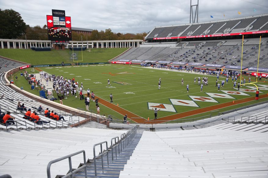 Virginia takes on Duke during an NCAA college football game Saturday, Sept. 26, 2020, in Charlottesville, Va. (Erin Edgerton/The Daily Progress via AP)
