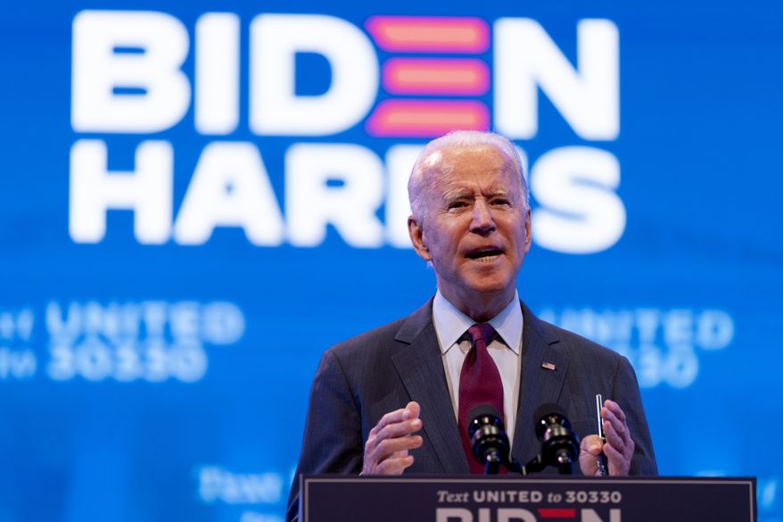 Democratic presidential candidate former Vice President Joe Biden gives a speech on the Supreme Court at The Queen Theater in Wilmington, Del., Sunday, Sept. 27, 2020. (AP Photo/Andrew Harnik)