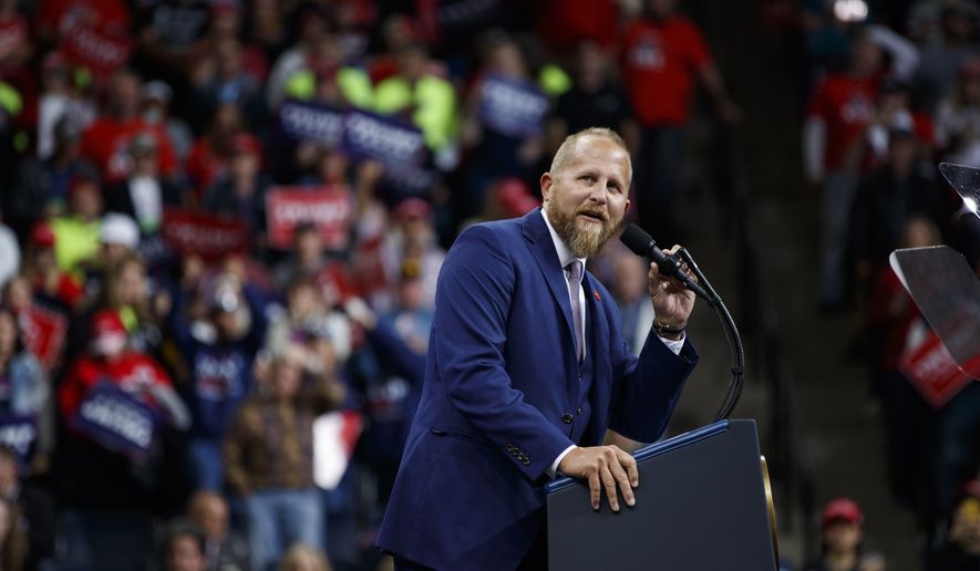 In this Oct. 10, 2019, photo, Brad Parscale, then-campaign manager for President Donald Trump, speaks during a campaign rally at the Target Center in Minneapolis. Parscale was hospitalized Sunday, Sept. 27, 2020, after he threatened to harm himself, according to Florida police and campaign officials. (AP Photo/Evan Vucci) **FILE**