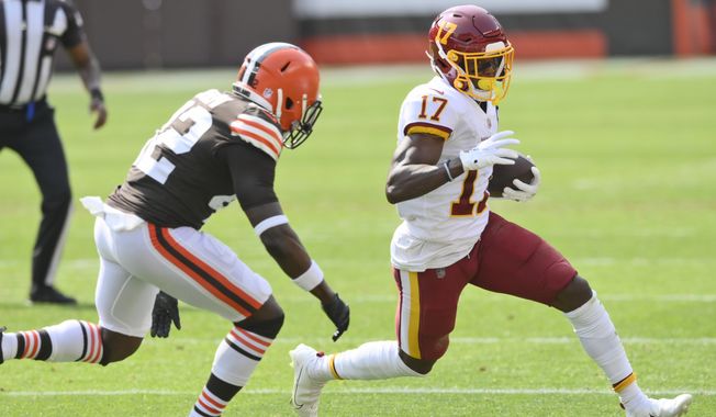 Washington Football Team wide receiver Terry McLaurin (17) rushes during the first half of an NFL football game against the Cleveland Browns, Sunday, Sept. 27, 2020, in Cleveland. (AP Photo/David Richard)  **FILE**