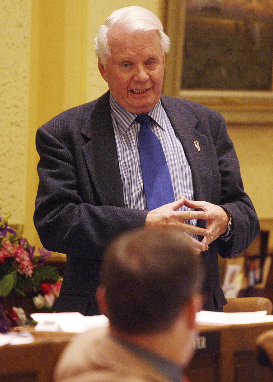 FILE - In this Feb. 14, 2007, file photo, Wyoming state Sen. Grant Larson, R-Jackson, discusses funding for the budget during an afternoon session of the Legislature in Cheyenne, Wyo. Larson had several heart surgeries in recent years. He had a lung infection in the days before he died in the house he and his family built. Grant Larson died on Sept. 11, 2020, in Jackson, Wyo. He was 87. (Michael Smith/The Wyoming Tribune Eagle via AP, File)