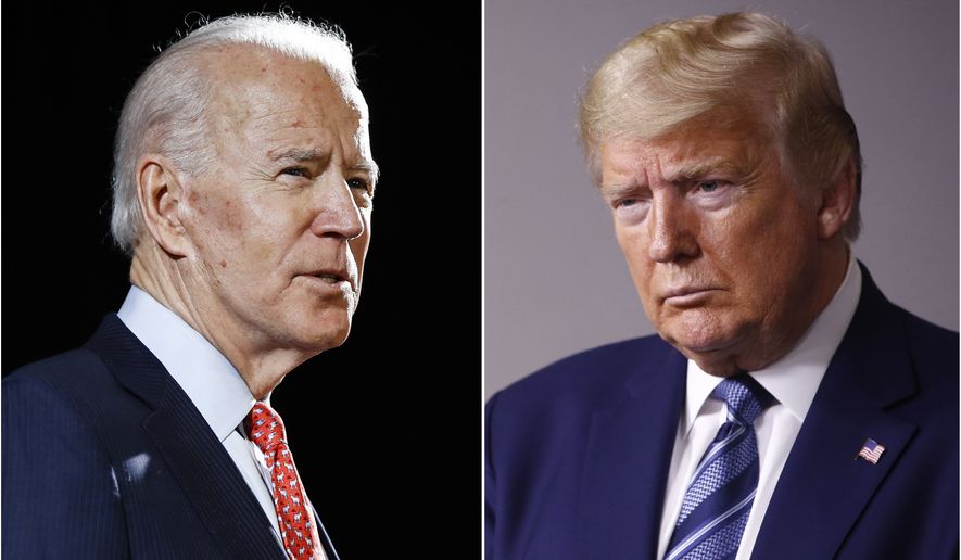 In this combination of file photos, former Vice President Joe Biden, left, speaks in Wilmington, Del., on March 12, 2020, and President Donald Trump speaks at the White House in Washington on April 5, 2020. (AP Photo/File)