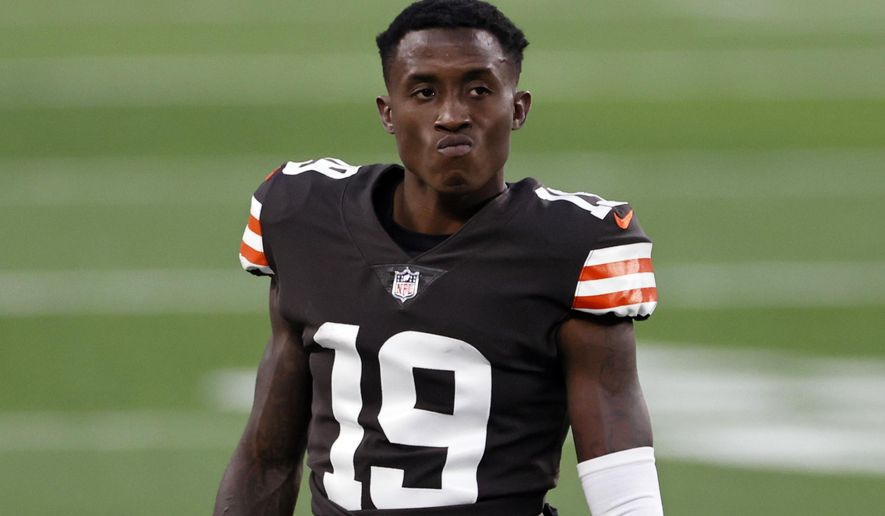 FILE - In this Thursday, Sept. 17, 2020, file photo, Cleveland Browns wide receiver JoJo Natson (19) warms up before an NFL football game against the Cincinnati Bengals in Cleveland. Browns return specialist and wide receiver Jojo Natson is done for the season after he suffered a torn knee ligament in Sunday's win over the Washington Football Team. (AP Photo/Ron Schwane, File)