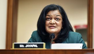 Rep. Pramila Jayapal, D-Wash., speaks during a House Judiciary subcommittee on antitrust on Capitol Hill in a Wednesday, July 29, 2020,file photo, in Washington. Two of Facebook&#39;s toughest critics on Capitol Hill, Jayapal and  David Cicilline of Rhode Island, have urged the social media platform to get serious about misinformation, voter suppression and hate speech ahead of the 2020 election. In a letter sent Sunday, Sept. 27, U.S. Reps. Pramila Jayapal of Washington and David Cicilline of Rhode Island demanded that Facebook immediately remove pages or groups spreading misleading information about voting and posts encouraging people to bring guns to polling places.(Mandel Ngan/Pool via AP, File)