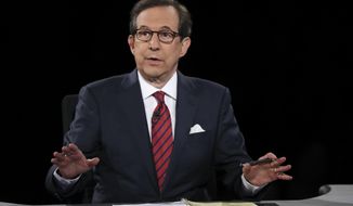 FILE - In this Oct. 19, 2016 file photo, moderator Chris Wallace guides the discussion during the presidential debate at UNLV in Las Vegas.  All eyes are on Fox&#39;s Chris Wallace as he prepares to moderate the first presidential debate. Wallace is the only journalist moderating one of the four debates this fall who has been there before: he was the onstage referee for the third meeting between President Donald Trump and Hillary Clinton.  (Joe Raedle/Pool via AP, File)