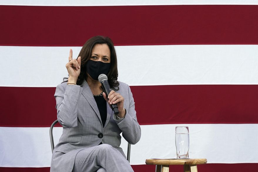 Democratic vice-presidential candidate Sen. Kamala Harris, D-Calif., speaks at a roundtable discussion during a campaign visit in Raleigh, N.C., Monday, Sept. 28, 2020. (AP Photo/Gerry Broome)