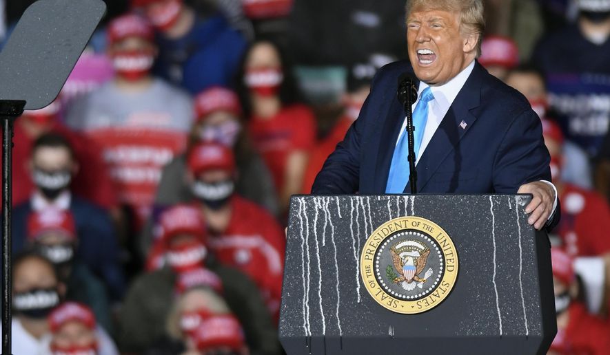 President Donald Trump speaks during a campaign rally at Harrisburg International Airport, Saturday, Sept. 26, 2020, in Middletown, Pa. (AP Photo/Steve Ruark)