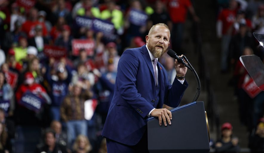 FILE - In this Oct. 10, 2019, file photo, Brad Parscale, then-campaign manager for President Donald Trump, speaks during a campaign rally at the Target Center in Minneapolis. Parscale was hospitalized Sunday, Sept. 27, 2020, after he threatened to harm himself, according to Florida police and campaign officials. (AP Photo/Evan Vucci, File)