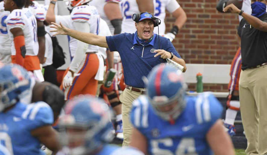 Florida head coach Dan Mullen reacts during the second half of an NCAA college football game against Mississippi in Oxford, Miss., Saturday, Sept. 26, 2020. No. 5 Florida won 51-35. (AP Photo/Thomas Graning)