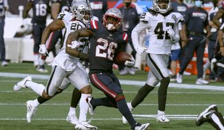 New England Patriots running back Sony Michel (26) gains yardage against the Las Vegas Raiders in the second half of an NFL football game, Sunday, Sept. 27, 2020, in Foxborough, Mass. (AP Photo/Steven Senne)
