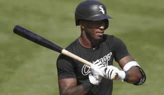 Chicago White Sox&#39;s Tim Anderson prepares to hit at practice during a baseball workout in Oakland, Calif., Monday, Sept. 28, 2020. The White Sox are scheduled to play the Oakland Athletics in an American League wild-card playoff series starting Tuesday. (AP Photo/Jeff Chiu)