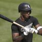 Chicago White Sox&#39;s Tim Anderson prepares to hit at practice during a baseball workout in Oakland, Calif., Monday, Sept. 28, 2020. The White Sox are scheduled to play the Oakland Athletics in an American League wild-card playoff series starting Tuesday. (AP Photo/Jeff Chiu)