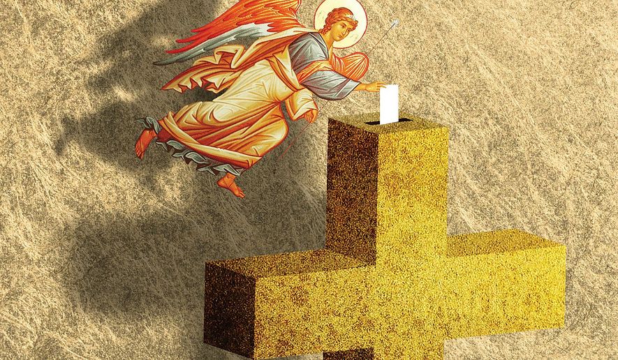 Illustration on voting and faith by Linas Garsys/The Washington Times