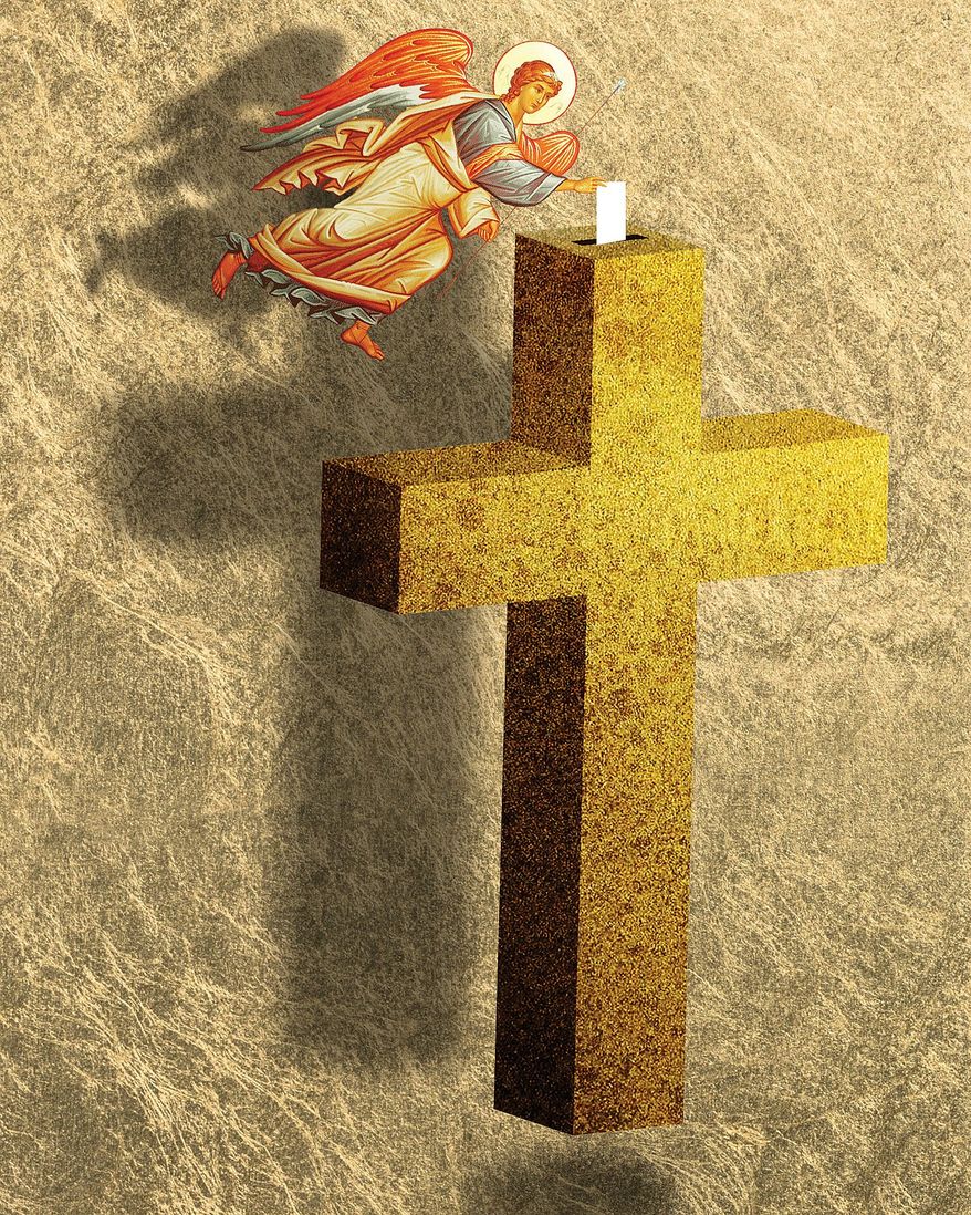 Illustration on voting and faith by Linas Garsys/The Washington Times