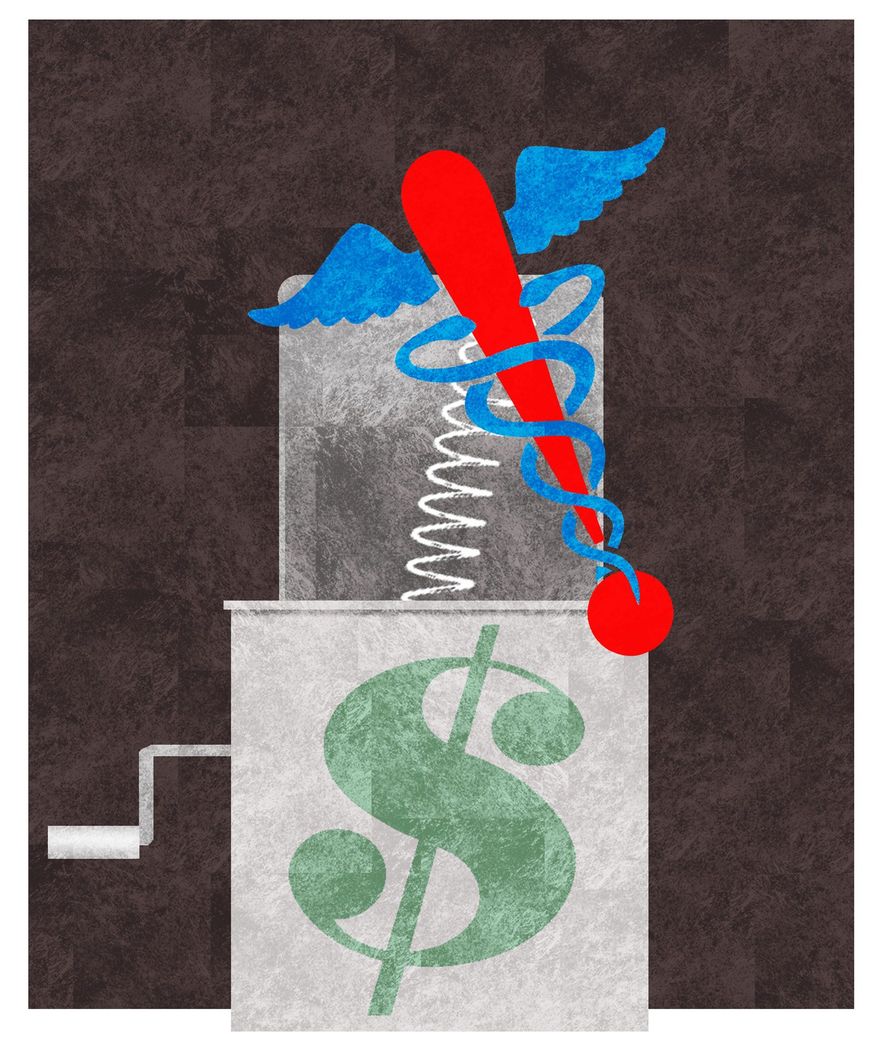 Illustration on surprise medical bills by Alexander Hunter/The Washington Times